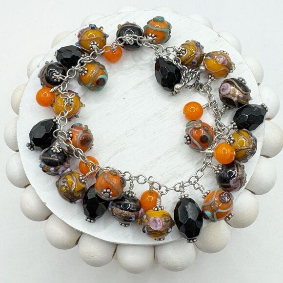 Wedding Cake Glass Bead Cha Cha Charm Bracelet Orange Black Halloween Jewelry - Picture 1 of 11